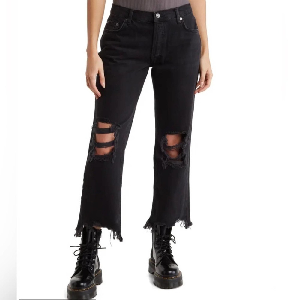Free People Maggie Destroyed Crop Straight Leg Jeans Onyx Black 24 New